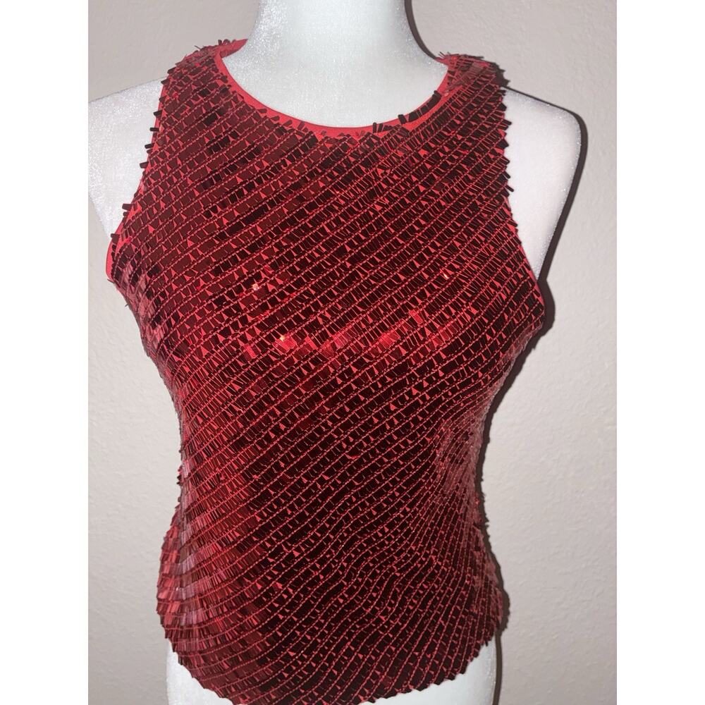 White Fox Sequin Tank Top S Red Zips on Side Stretch New with Tags